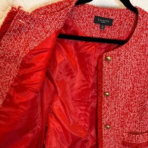 Talbots Petite Red White Tweed Collarless Fringe Blazer Jacket Women 12P